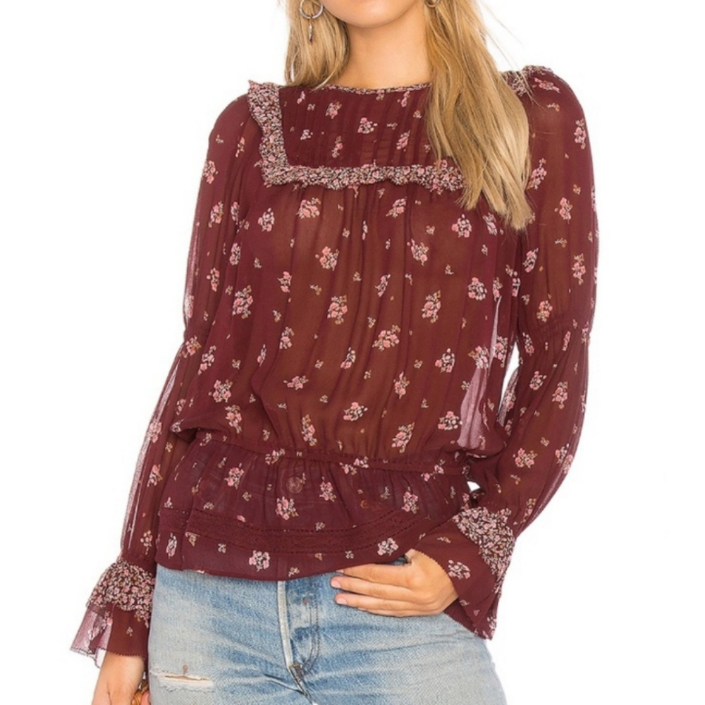 Joie Womens M Adrielle Silk Blouse   Sheer Floral Lace Ruffle Prairie Burgundy